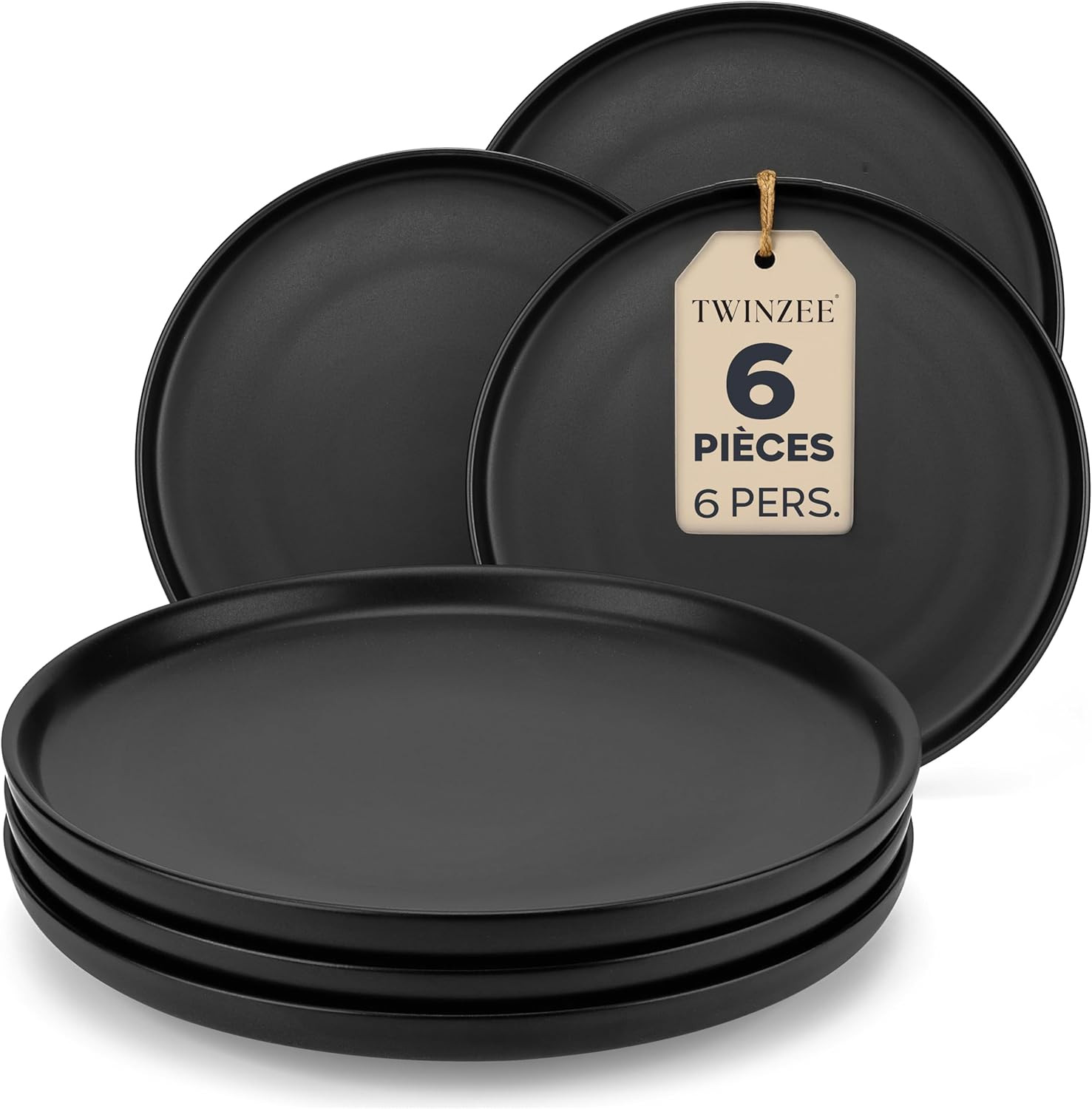 Assiettes plates grès noir 6 pièces compatibles micro-ondes pour cuisine moderne