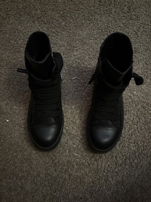 Rick Owens Men's Black Leather Combat Boots Lace-Up Side Zipper Round Toe EU 46
