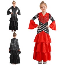 Girls Flamenco Princess Dance Costume Flared Sleeve Dots Print Dress Performance