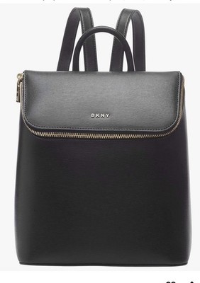 DKNY Black Bryant Park Leather Top Zip Backpack Retail $198 Worn Straps