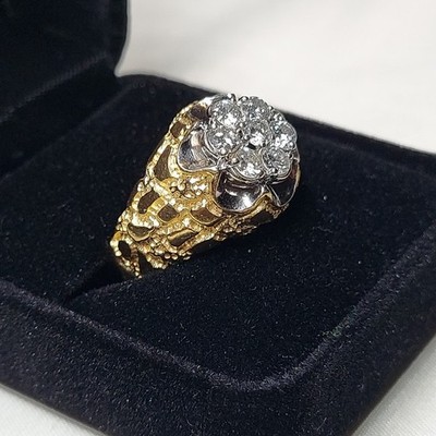 Mens 14KT Yellow Gold Nugget Ring with 7 Diamonds Totaling 1.0 Carat Size E9