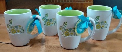 4 Hallmark Bunny Tall Coffee Mug Recessed Floral Rabbit Easter Ivory & Green Cup