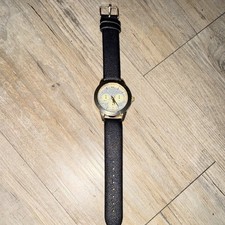 Gold Tone Round Analog Dress Watch Roman Numerals Black Leather Strap