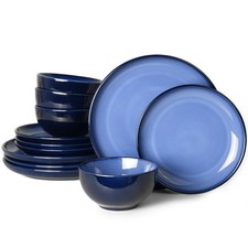 Blue Stoneware Dinnerware Set, 12 pcs Reactive Glaze Plates and Bowls Sets, H...