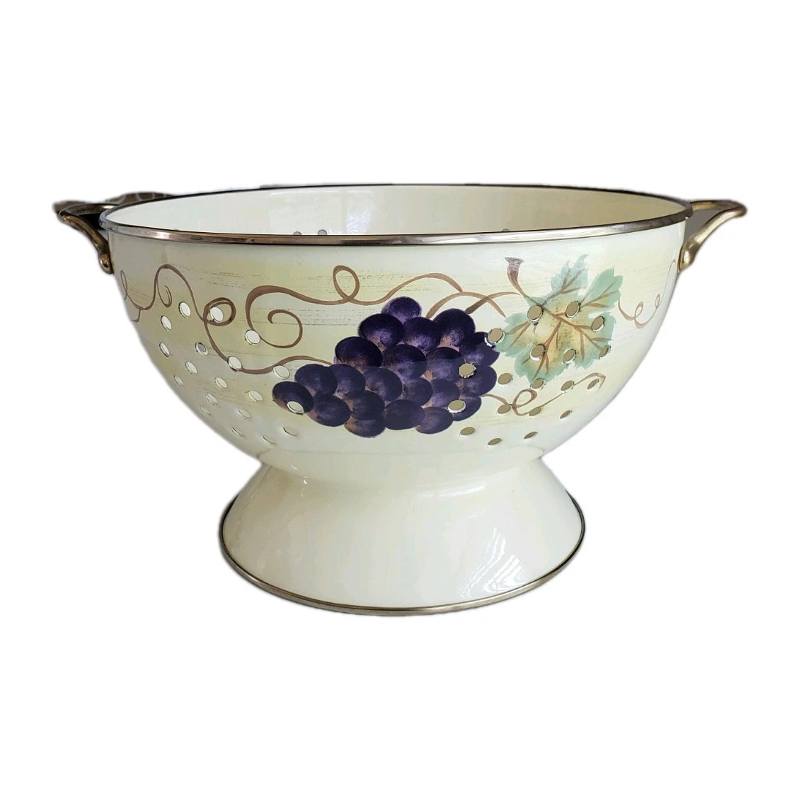 Vintage Enamelware Colander Strainer Large 11.5" Footed Grape Vine Brass Handles
Opens in a new wind