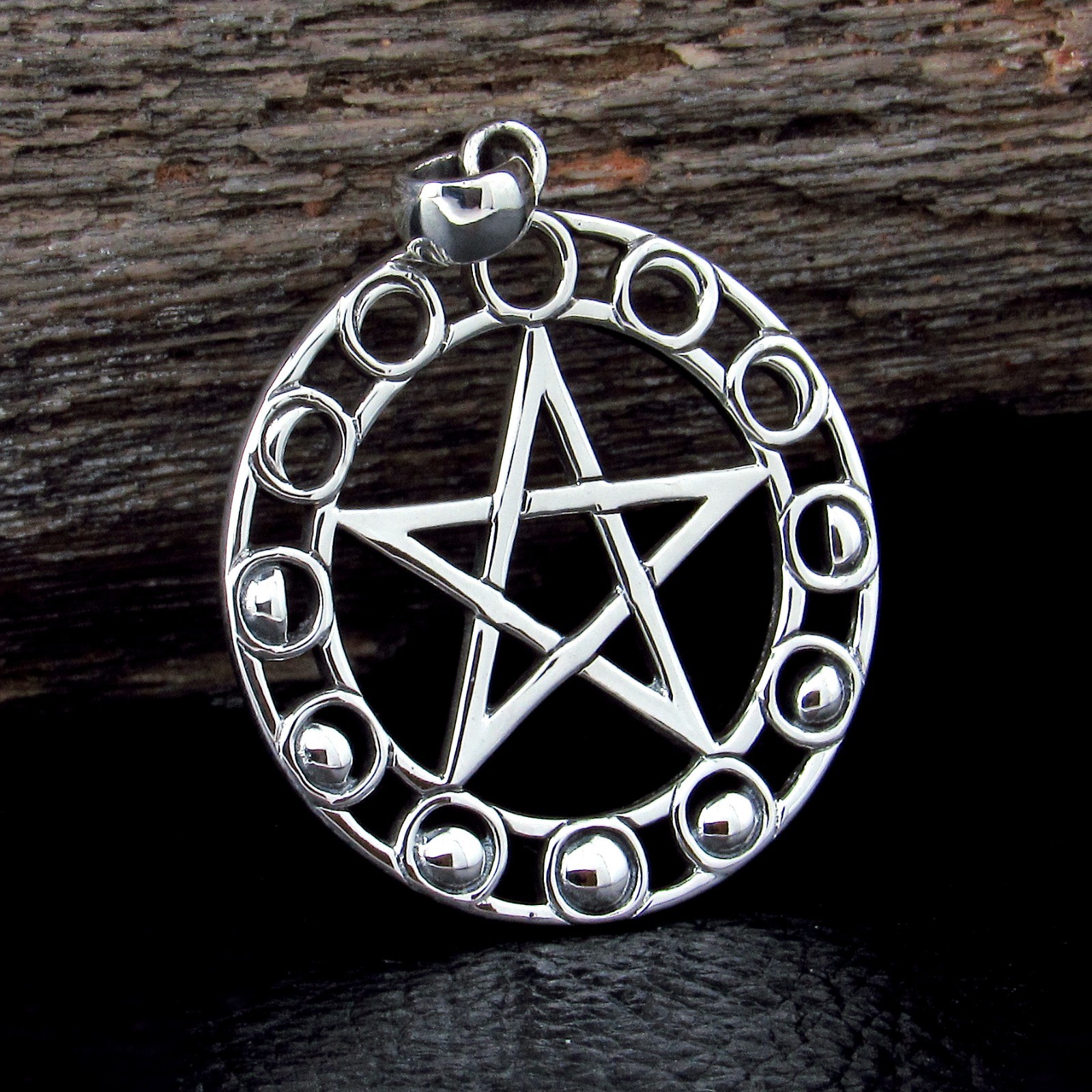 Solid 925 Sterling Silver Phases of the Moon Pentacle Pendant by Maxine Miller