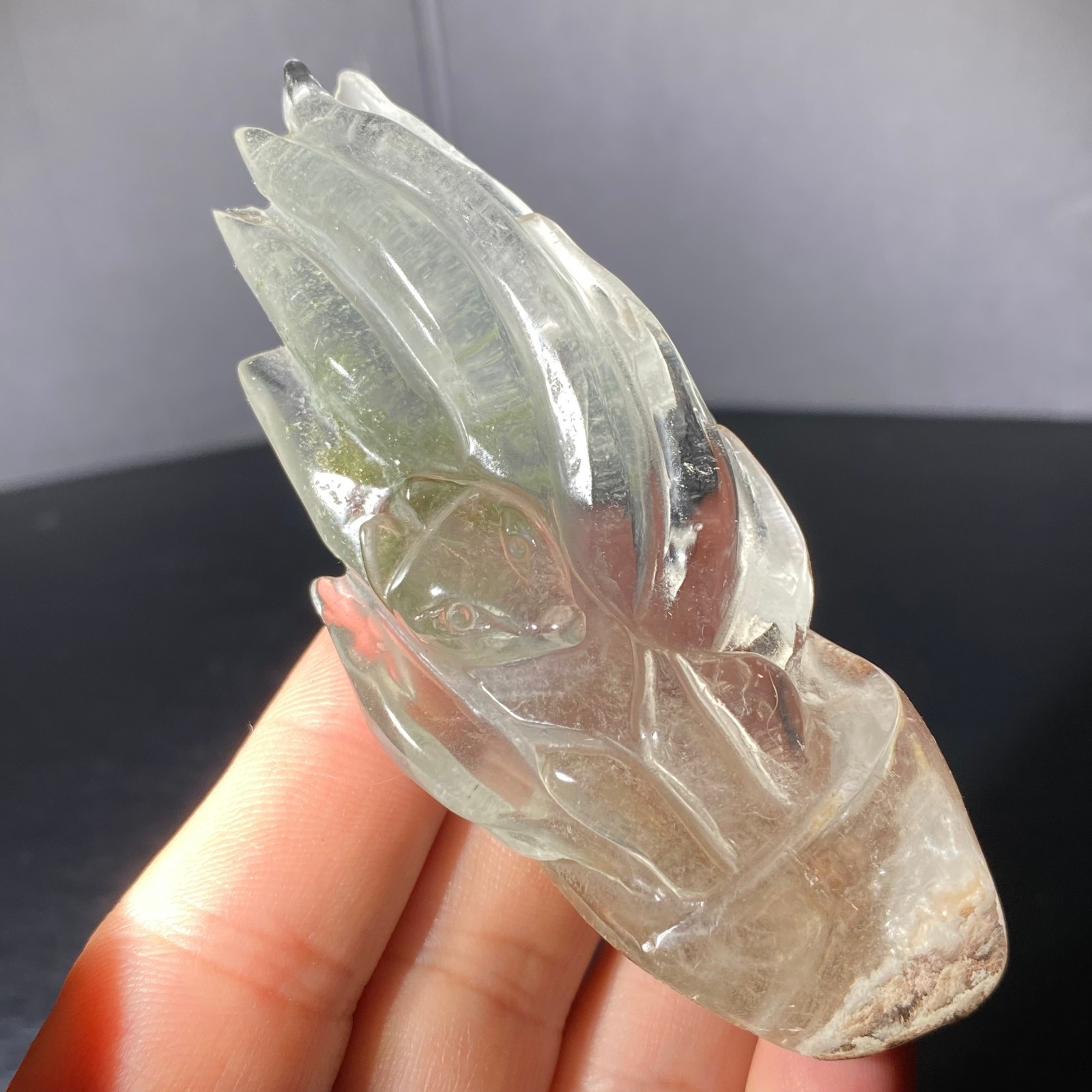 149G Green Ghost Crystal Hand-Carved Nine-Tailed Fox for Healing & Energy