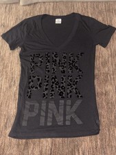 Victorias Secret Pink Tee Shirt Top Small Black Leopard Print Lettering