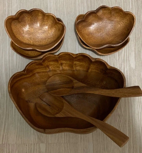 Vintage Acacia Woods Monkey Pod Wooden Salad Bowl 7-Piece Set Excellent