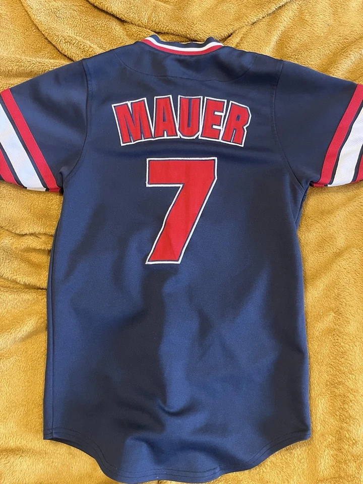 Camiseta de los Mellizos de Minnesota Joe Mauer #7 pequeña bordada verdadera fan abotonada Foto 4 de 4