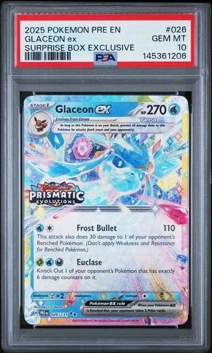 Pokemon Prismatic Evolutions Glaceon ex 026/131 Surprise Box Stamped PSA 10 206