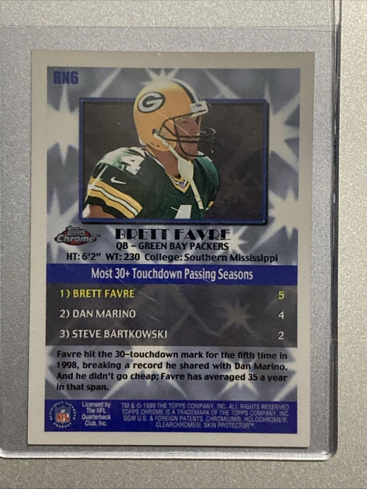1999 年 Topps Chrome Brett Favre 折射器 #RN6 唱片号。 绿湾包装工 — 第 2/4 张图片