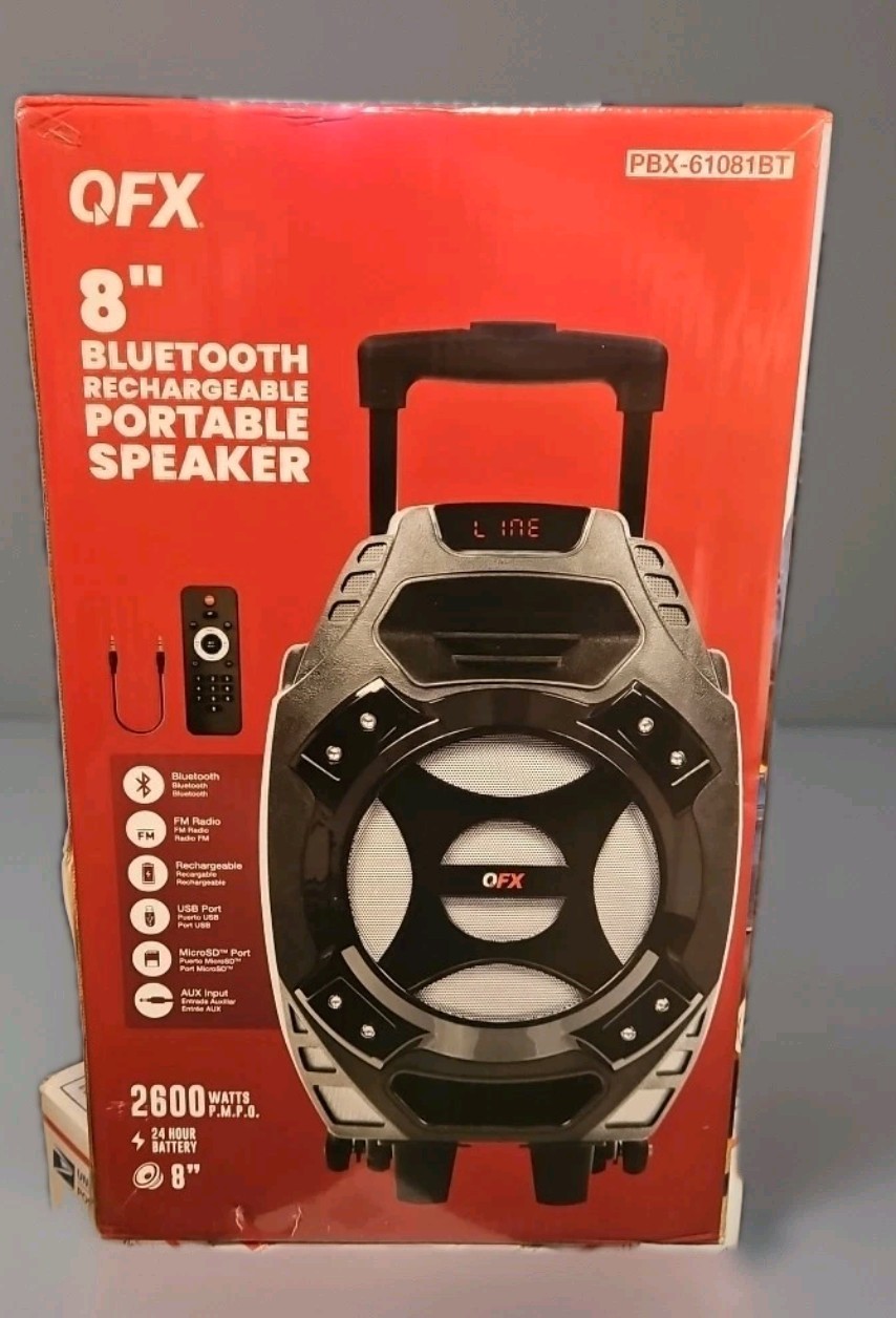 QFX PBX61081BT 2400 Watts 8" Bluetooth Rechargeable Portable Speaker 24hrs Batte