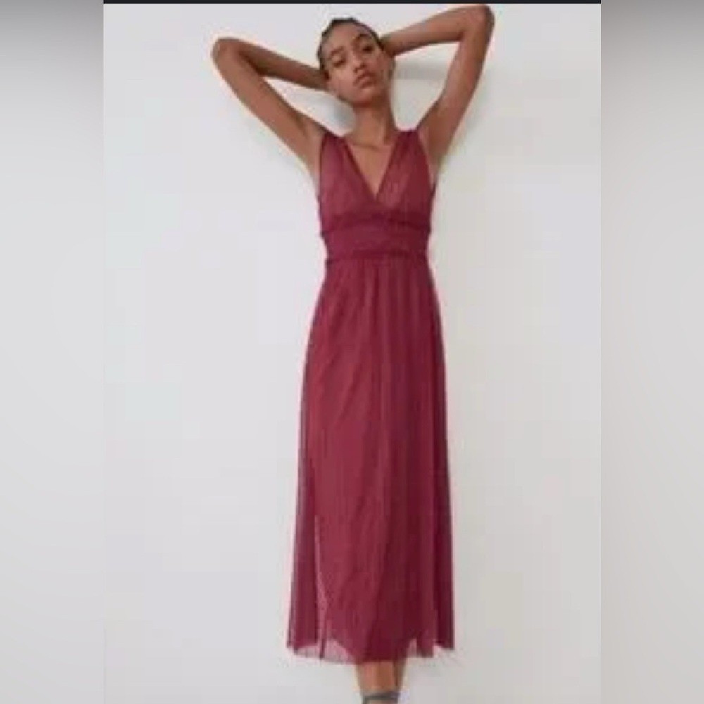 Zara Burgundy Dotted Mesh Midi Dress – Smocked Waist, Lined, Flattering Fit