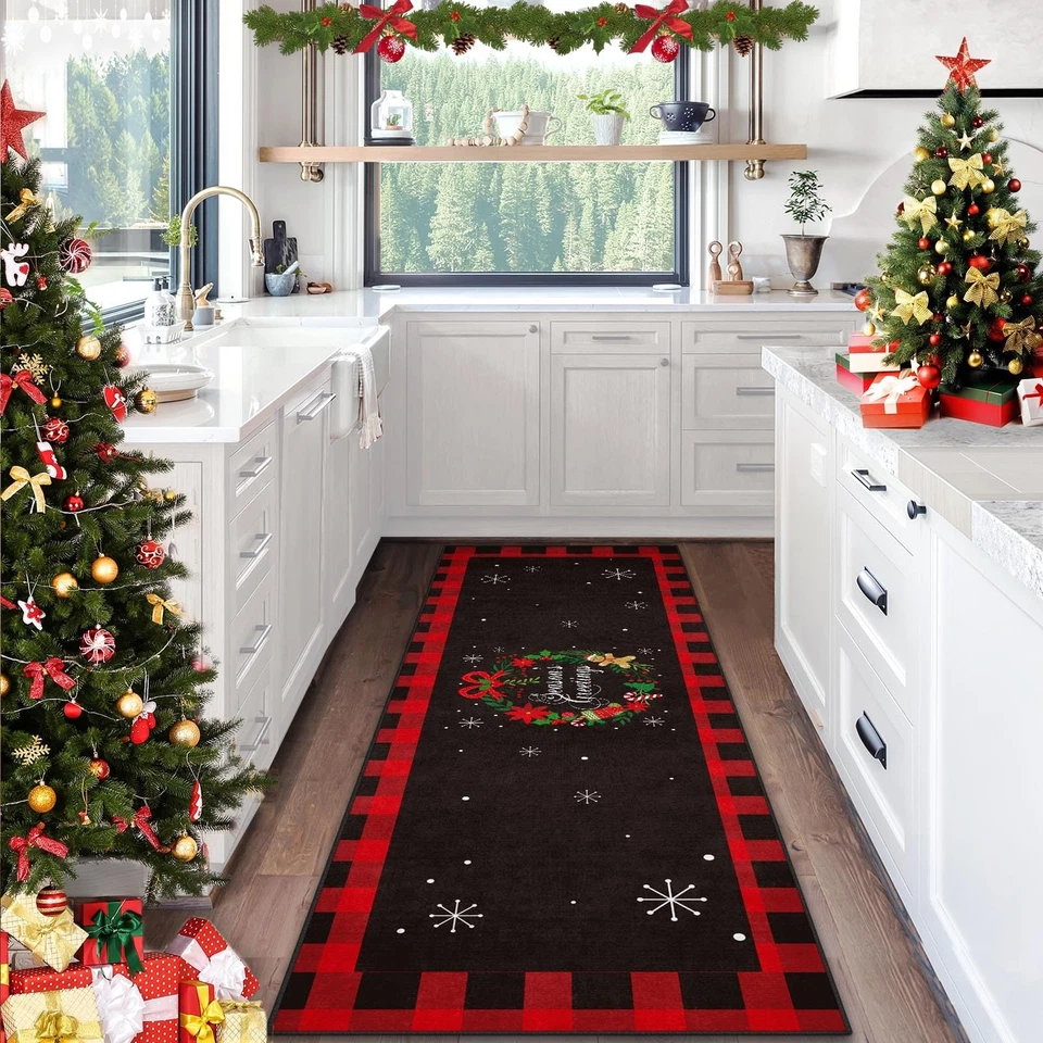 Alfombra Corredor Navidad A Cuadros Roja, Guirnalda Clásica Invierno 2'x 6' Área Antideslizante R... Foto 2 de 4