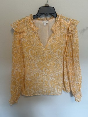 J.Crew Yellow Paisley Floral Lined Ruffle Sleeve V-Neck Blouse Size Medium