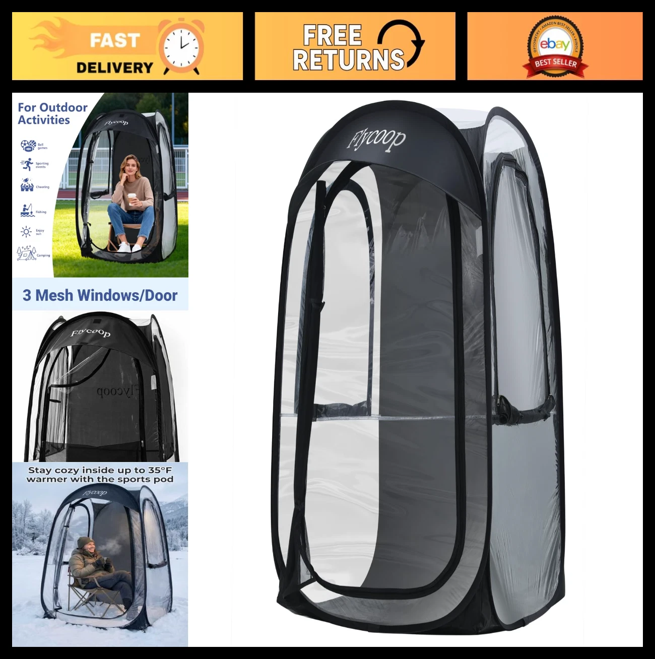 Portable Pop-Up Sports Tent Shelter - 37" x 37" x 63" Weather-Resistant Camping