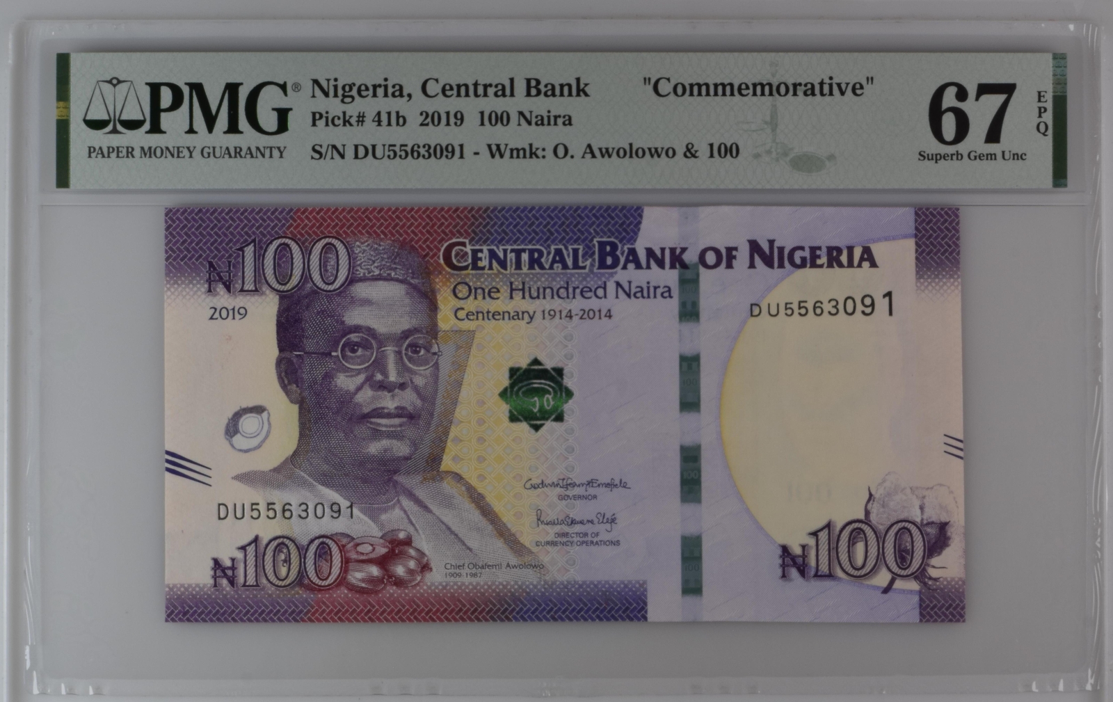 S L1600 Nigeria 100 naira 2019 p 41 b commemorative superb gem unc pmg 67 epq