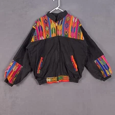 Golden Road Imports Jacket Womens Large Black Abstract Colorful Full Zip Pockets