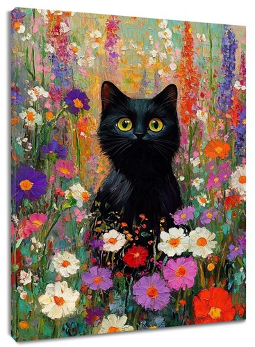 Colorful Flower Funny Black Cat Abstract Wall Art for Bathroom Living Room - 第 1/15 張圖片