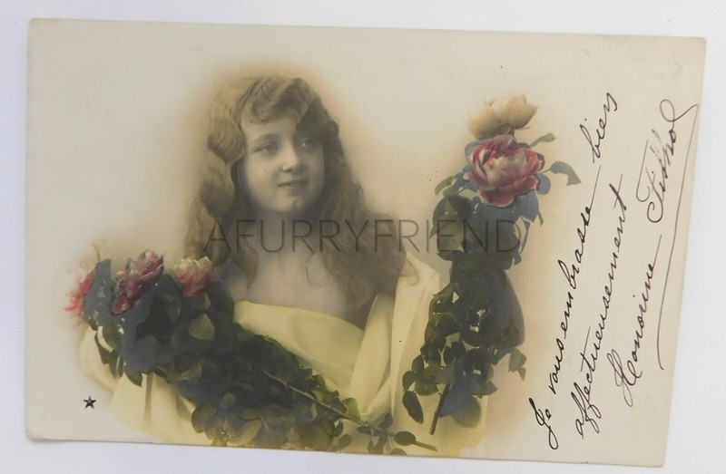ANTIQUE 1900'S  RPPC GIRL FLOWERS HAND TINTED FRANCE LOVELY