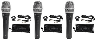 3 Rockville RMP-XLR Dynamic Cardioid Pro Microphones + 10' XLR Cables+3 Clips