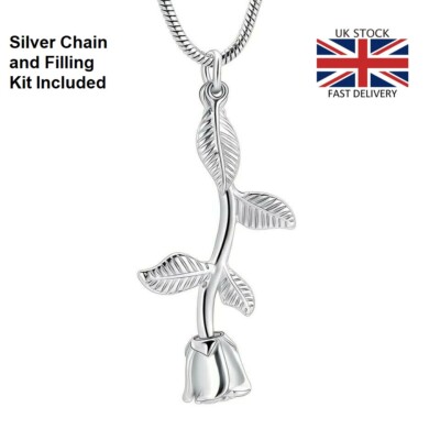 Silber Rose Blume Einäscherung Urne Anhänger Asche Halskette Beerdigung Denkmal UK