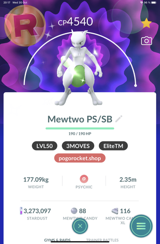 Shiny Mewtwo LVL50 3MOVES Psystrike Go Reg or 1M - Afbeelding 1 van 2