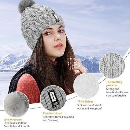 Womens Girls Thick Knit Hat Scarf and Touchscreen Gloves Set Knitted Winter Gift - Picture 6 of 29