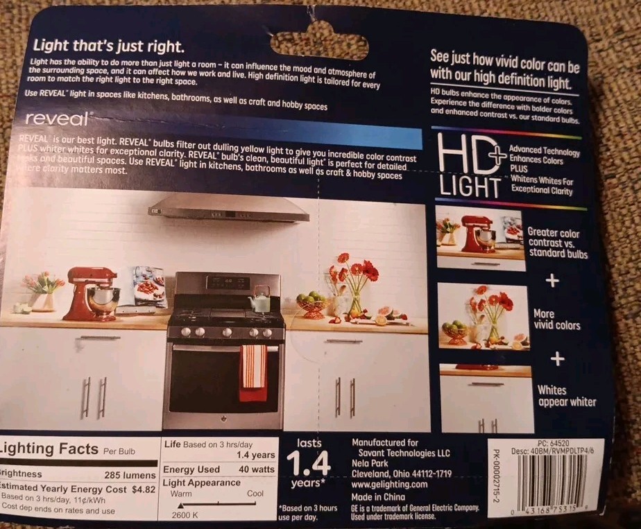 GE Reveal HD+ Light 4 Pack 40 Watt B13 Medium Base Clear Light bulbs 
