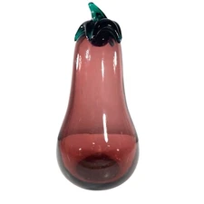Blenko Art Handblown Glass Purple Eggplant Sculpture Green Stem Vegetable 9"