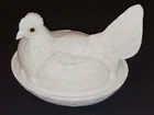 MILK GLASS Vintage HEN Figurine on NEST Covered CANDY DISH