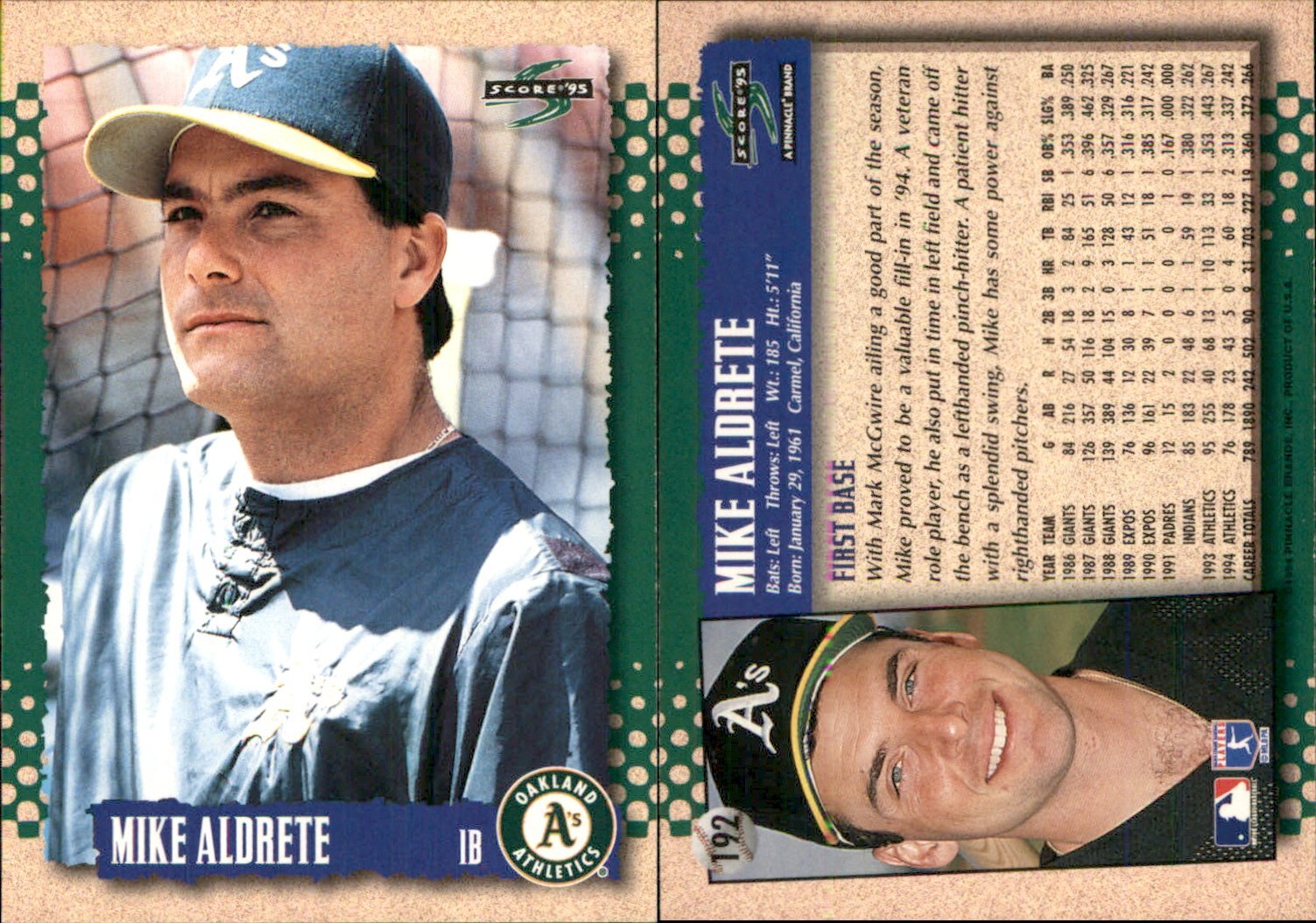 Mike Aldrete 1995 Score #192 Card Oakland Athletics FREE SHIP *AutographDen*