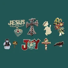 Lot Vintage Now Christmas Religious Brooches Pins  Crosses Angel Snowman 9 Items
