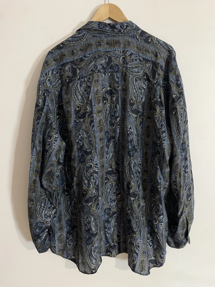 Camisa De Colección Spirito 100% Seda Para Hombre XL/XXL Azul Paisley Abotonada Manga Larga Foto 4 de 4