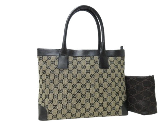GUCCI GG Canvas Leather Tote Handbag in Black 69246