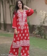 Indian Women's Chikankari Embroidered Kurta Set With Pant Traditional Outfit