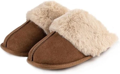 TOTES Isotoner Ladies Real Suede Mule with Fur Cuff Tan Brown 4 UK