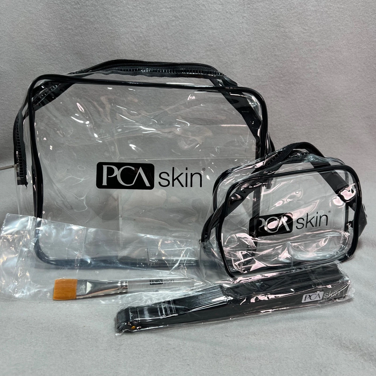 PCA Skin Travel Set Clear Black Zippered Makeup Bags Fan Application Brush