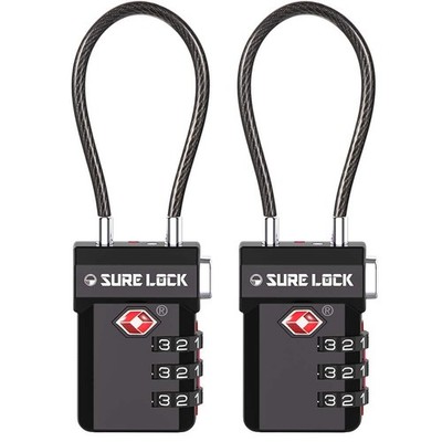 SURE LOCK TSA Approved Luggage Locks with Open Alert One_Size, BLACK 2 PACK