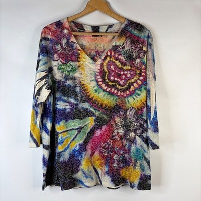 Avenue V-Neck Top Women 18/20 Multicolor Floral Abstract 3/4 Sleeve USA Made