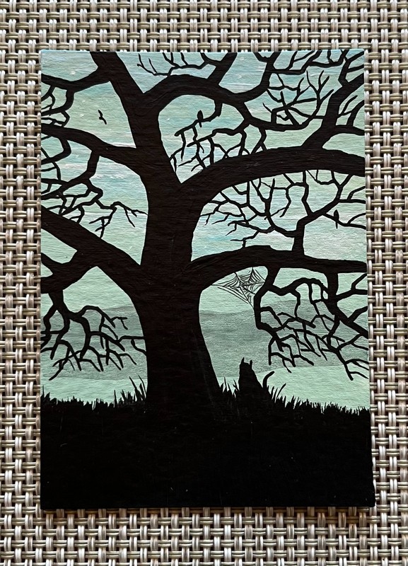 ACEO Original Art Tree Cat Cobweb Silhouette Acrylic