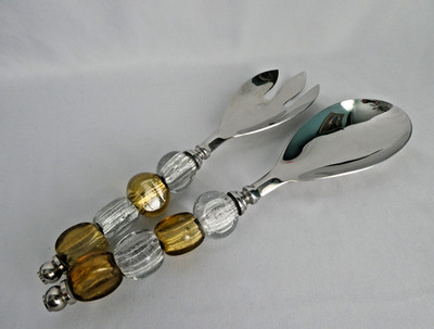 Gold & Silver Beaded Serving Utensils Spoon & Fork 11'' Long EUC