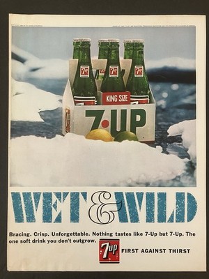 1966 7-Up Wet & Wild King Size 6 Pack Bottle Ice Snow Color Vintage Print Ad