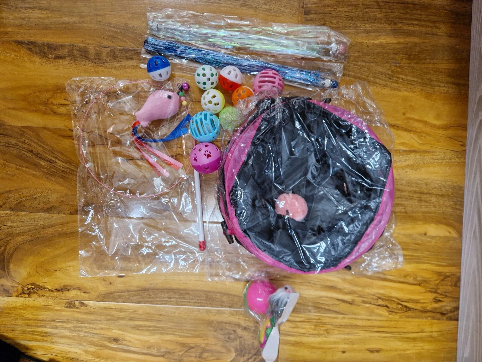 14 Pieces Pink Cat Tunnel & Cat Toys Bundle T Shape Cat Tunnel Balls Wands Mouse