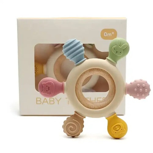 15 Sensory silicone wooden ring baby teether toys Safe "BPA FREE" Soothing, Gift - Picture 2 of 4