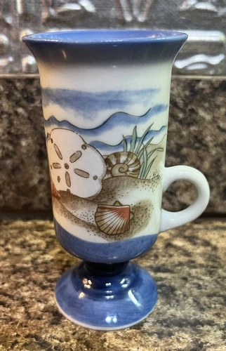 Vintage Otagiri Irish Coffee Cup Pedestal Mug Japan Blue Seashells Beach Scene