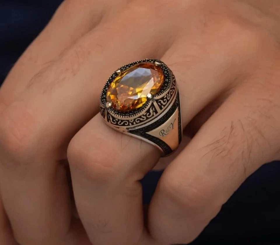 Herrenring 925 Silber mit ovalem Citrin stein und individueller Gravur Geschenk - Bild 2 von 4