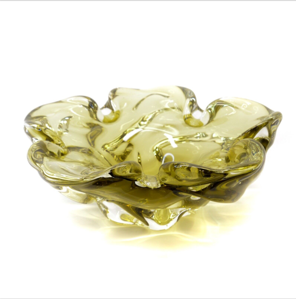 Vintage Olive Green Art Glass Folded Edge Candy Dish Large Bowl Thick