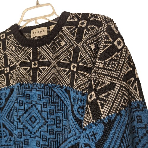 J. TODD blue black Aztec design Acrylic Geometric print Vintage Sweater M - Picture 3 of 8